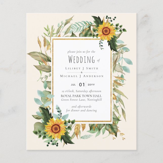 Rustic BOHO Sunflowers Greenery Wedding Flyer (Front)