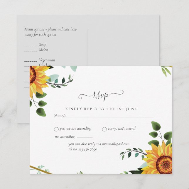 Rustic BOHO Sunflowers Greenery Wedding RSVP Postcard (Front/Back)