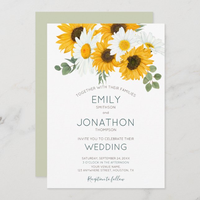 Rustic Boho Sunflowers Leaves Wedding Invitation (Front/Back)