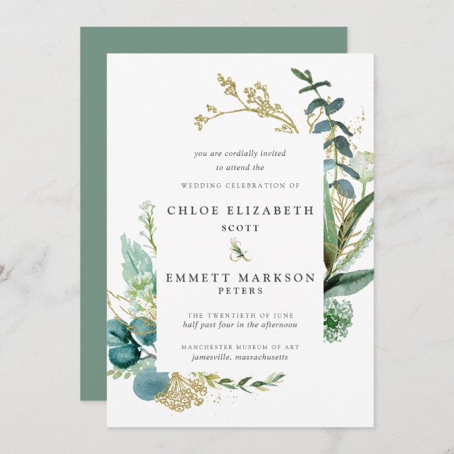 Rustic Boho Teal Blue Botanical Gold Wedding Invitation (Front/Back)