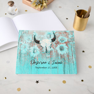 Rustic Boho Teal Western Sunflowers Bull Skull Guest Book