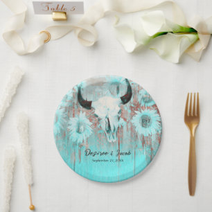 Rustic Boho Teal Western Sunflowers Bull Skull Paper Plate