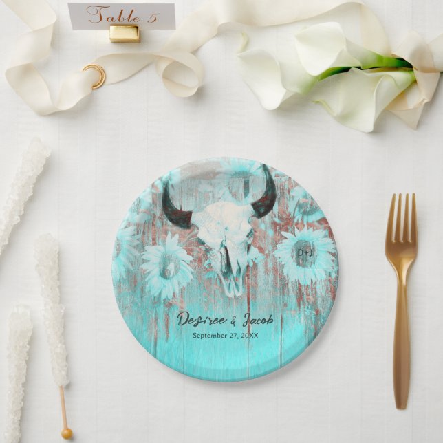 Rustic Boho Teal Western Sunflowers Bull Skull Paper Plate (Wedding)