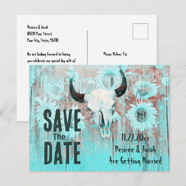 Rustic Boho Teal Western Sunflowers Cow Skull Announcement Postcard (Front/Back)