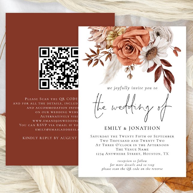 Rustic Boho Terracotta Fall Floral QR Code Wedding Invitation (Available digitally and printed)