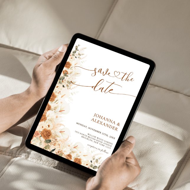 Rustic Boho Terracotta Floral QR Code Wedding Save The Date (Creator Uploaded)