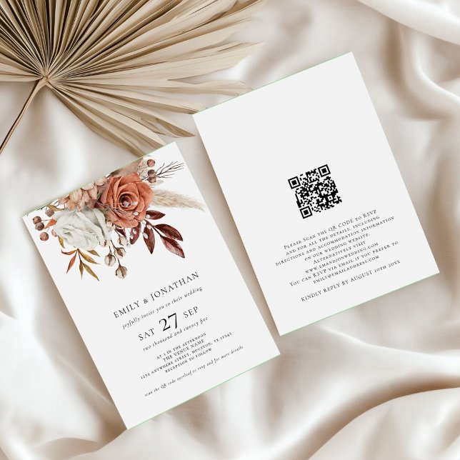 Rustic Boho Terracotta Florals QR Code Wedding Invitation (front and back view)
