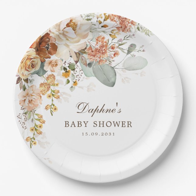 Rustic Boho Terracotta Flower Baby Shower Paper Plate (Front)