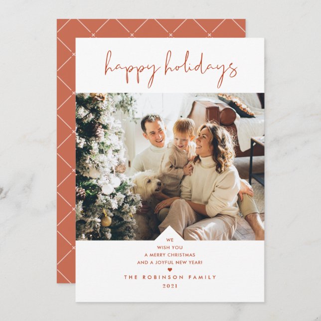 Rustic Boho Terracotta Rust Elegant Script Photo Holiday Card (Front/Back)