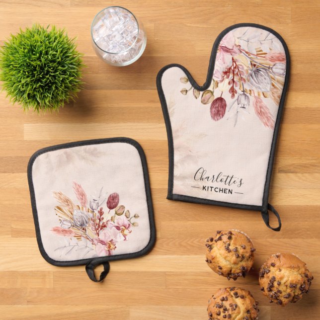 Rustic Boho Terracotta Script Personalised Oven Mitt & Pot Holder Set (Top Down)