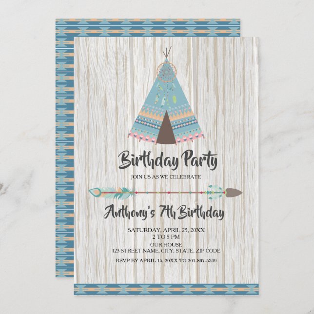 Rustic Boho Tribal Blue Teepee Birthday Party Invitation (Front/Back)