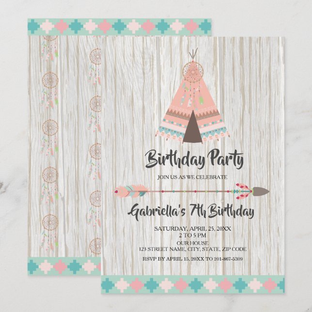Rustic Boho Tribal Pink Teepee Birthday Party Invitation (Front/Back)
