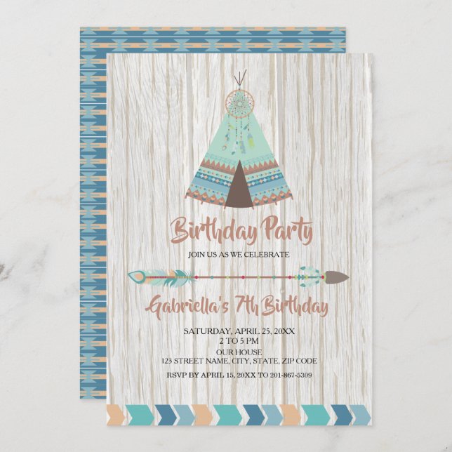 Rustic Boho Tribal Teepee Birthday Party Invitation (Front/Back)