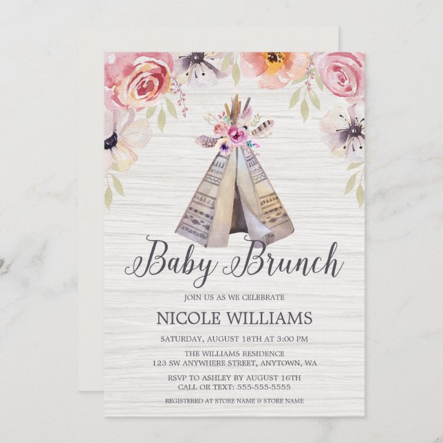 Rustic Boho Tribal Teepee Girl Baby Brunch Shower Invitation (Front/Back)