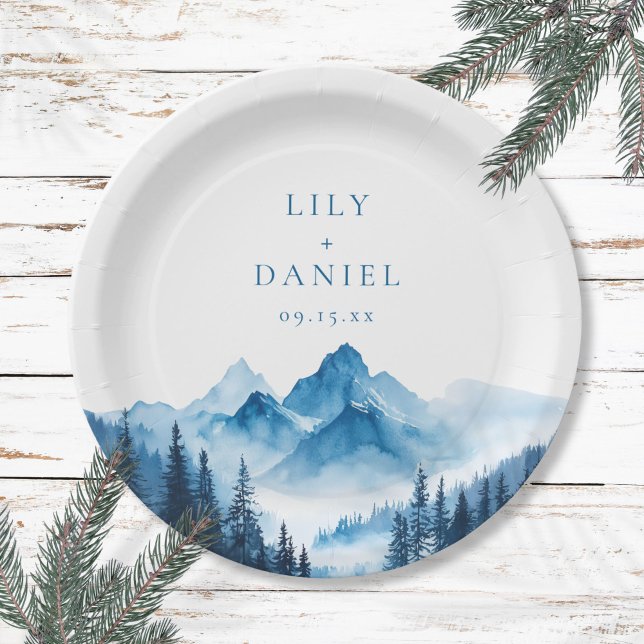 Rustic Boho Watercolor Blue Mountains Wedding Paper Plate (Rustic Boho Watercolor Blue Mountains Wedding Paper Plates)
