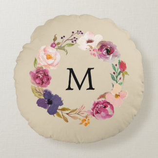 Rustic Boho Watercolor Floral Wreath Monogram Round Cushion
