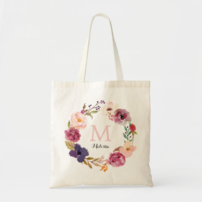 Rustic Boho Watercolor Floral Wreath Monogram Tote Bag (Front)