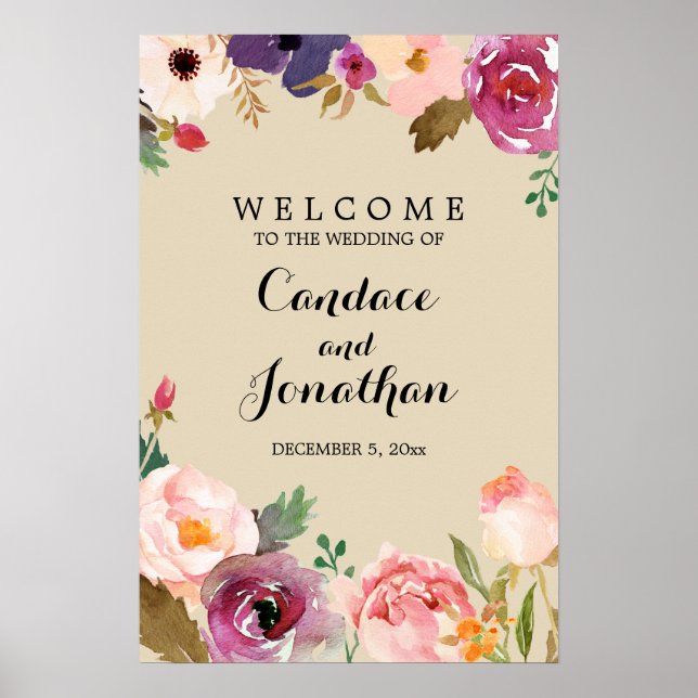 Rustic Boho Watercolor Flowers Wedding Sign (Front)