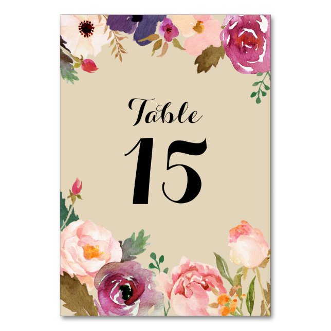 Rustic Boho Watercolor Flowers Wedding Table Number (Front)