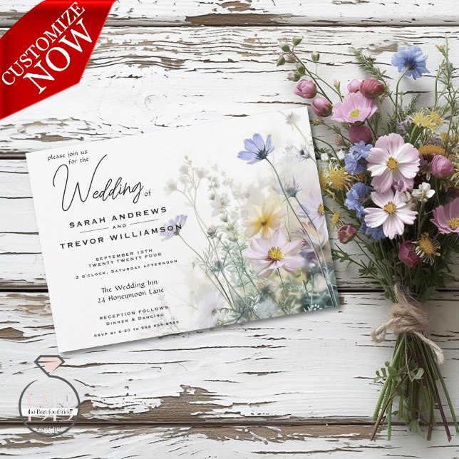 Rustic Boho Watercolor Wildflowers Invitation (Easy to customize )