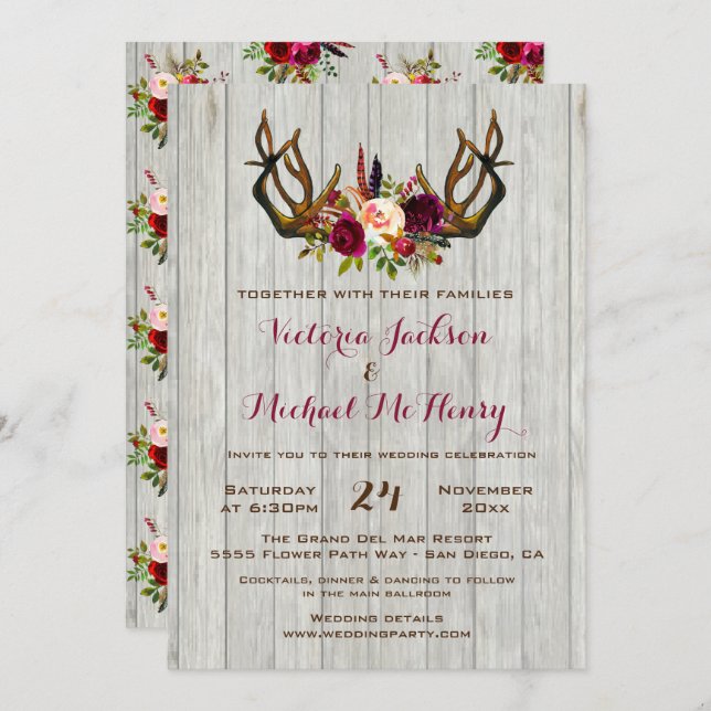 Rustic Boho Wedding Invitation with deer antlers (Front/Back)