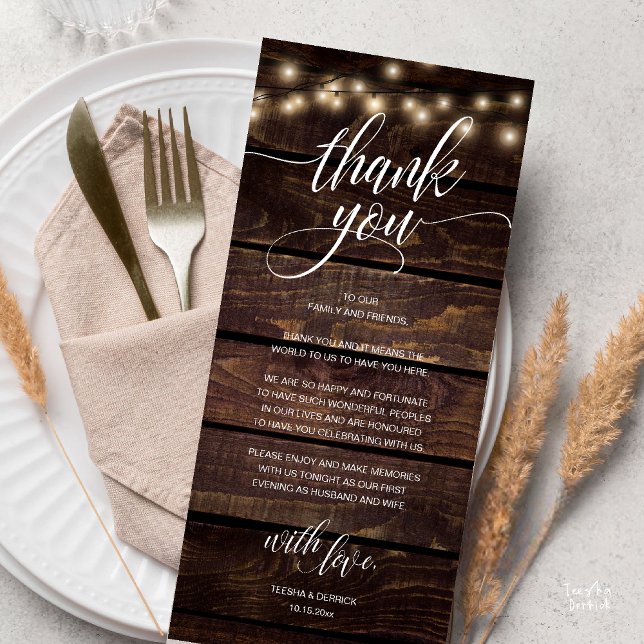 Rustic Boho Wedding Reception Thank You Card (Modern Rustic Wedding Reception Dinner Lunch Brunch Thank You Card String Lights Dark Wood)
