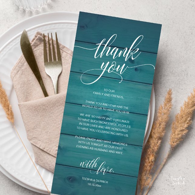 Rustic Boho Wedding Reception Thank You Card (Modern Rustic Wedding Reception Dinner Lunch Brunch Thank You Card Blue Green Teal)