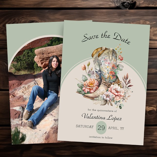 Rustic Boho Western Boots Floral Photo Save The Date (Photo Save the Date from my Boho Floral Cowgirl Boots Quinceanera Collection)