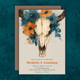 Rustic Boho Western Cow Skull Floral Wedding Invitation