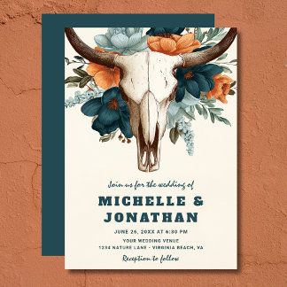 Rustic Boho Western Cow Skull Floral Wedding Invitation