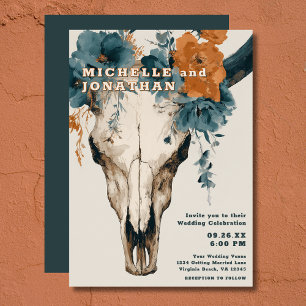 Rustic Boho Western Floral Bull Cow Skull Wedding Invitation