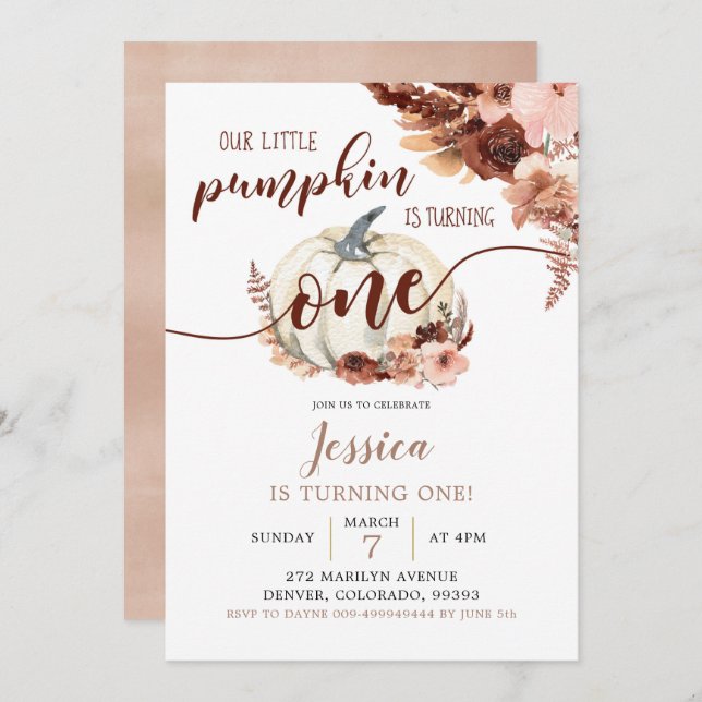 Rustic Boho White Pumpkin First Birthday Invitation (Front/Back)