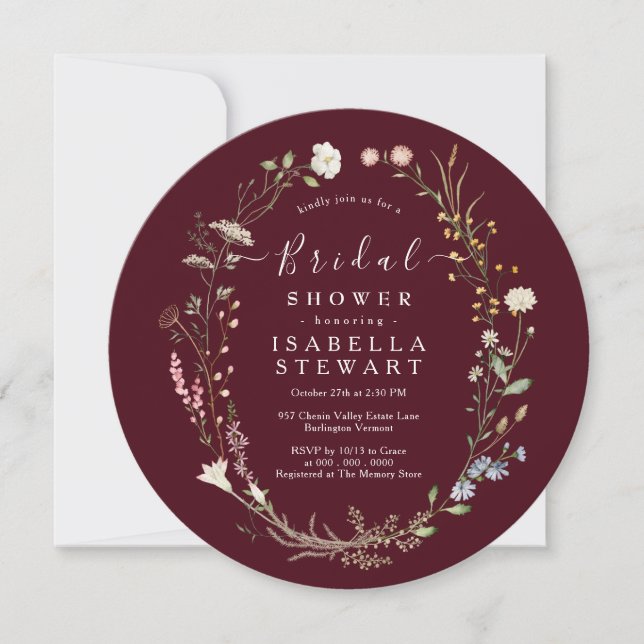 Rustic Boho Wildflower Chic Burgundy Bidal Shower Invitation (Front)