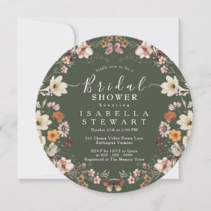 Rustic Boho Wildflower Forest Green Bridal Shower Invitation