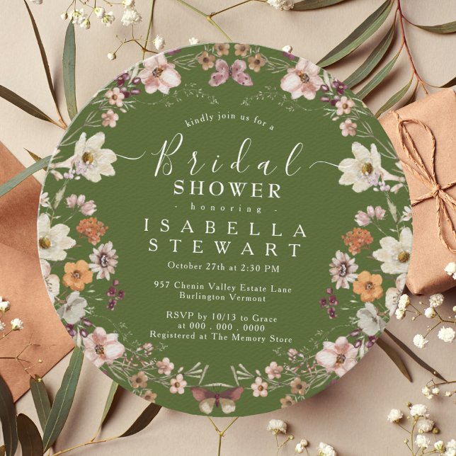 Rustic Boho Wildflower Moss Green Bridal Shower Invitation (Creator Uploaded)