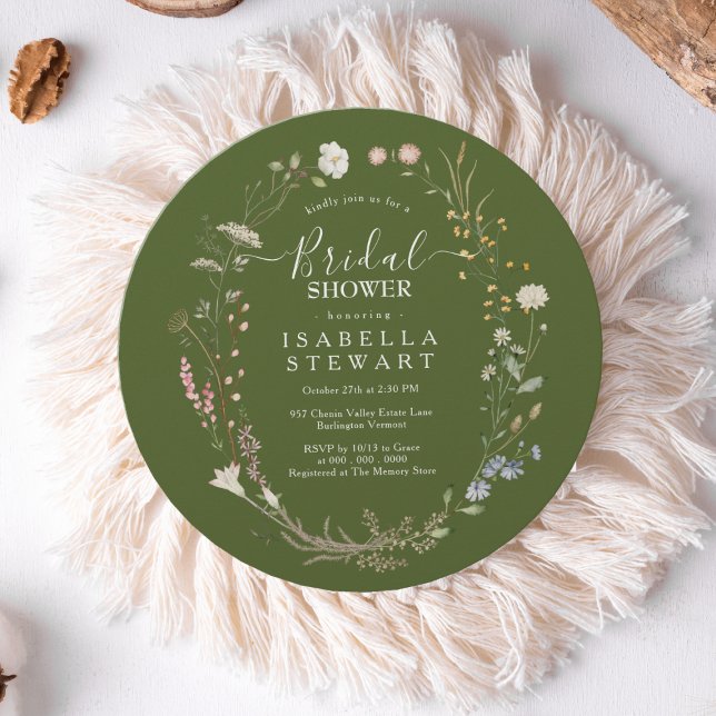 Rustic Boho Wildflower Moss Green Bridal Shower Invitation (Creator Uploaded)