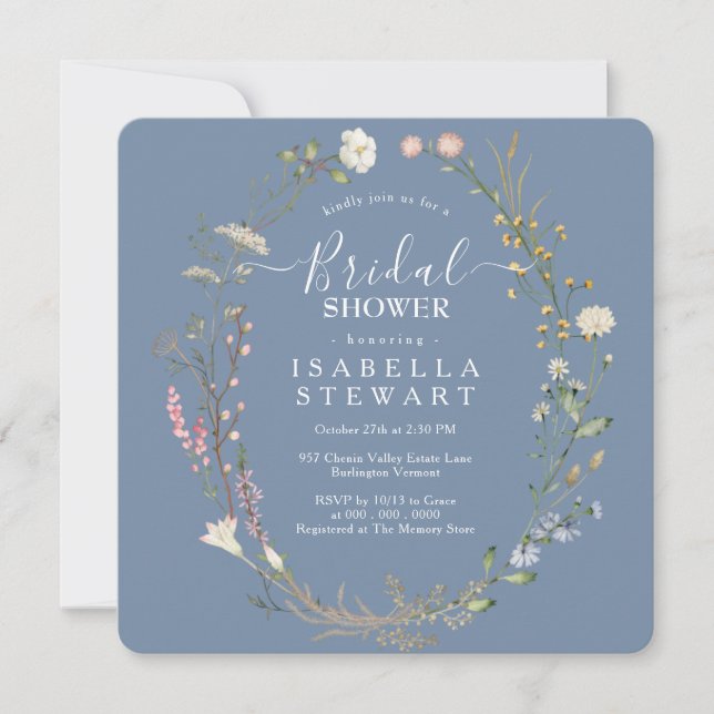 Rustic Boho Wildflower Periwinkle Bridal Shower Invitation (Front)