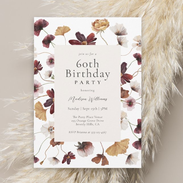 Rustic Boho Wildflowers 60th Birthday Party Invitation (Creator Uploaded)