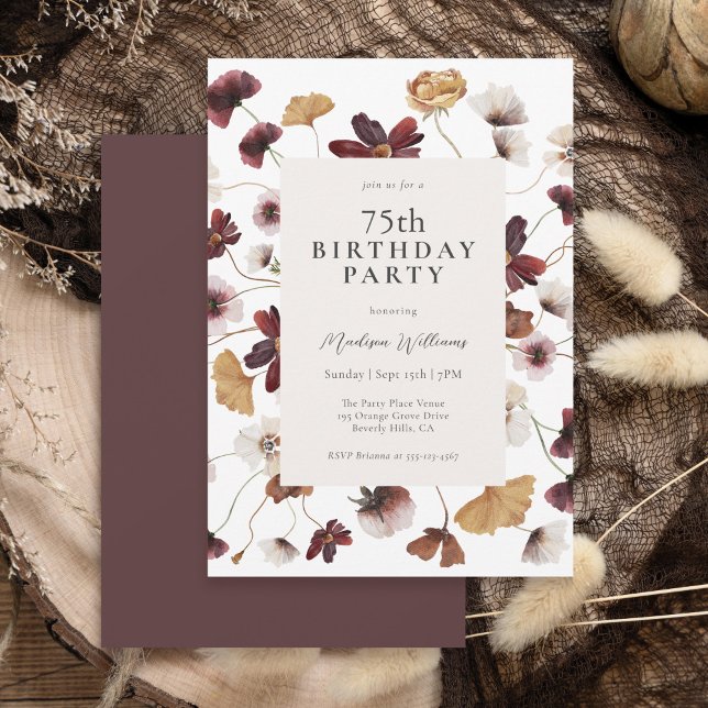 Rustic Boho Wildflowers 75th Birthday Party Invitation (Available in printed and instant download digital formats.)