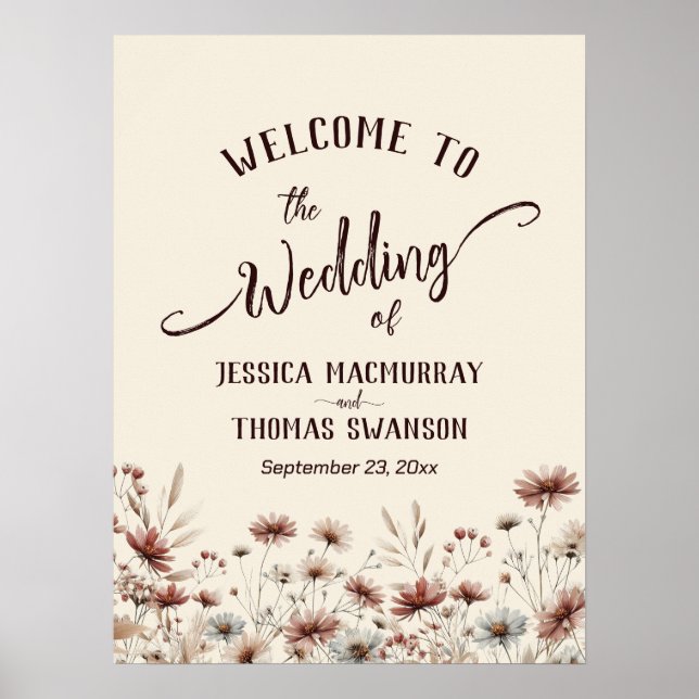 Rustic Boho Wildflowers Elegant Wedding Welcome Poster (Front)