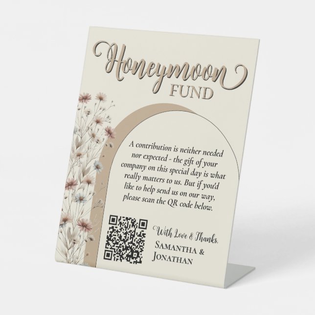Rustic Boho Wildflowers Honeymoon Fund QR Code Pedestal Sign (Front)