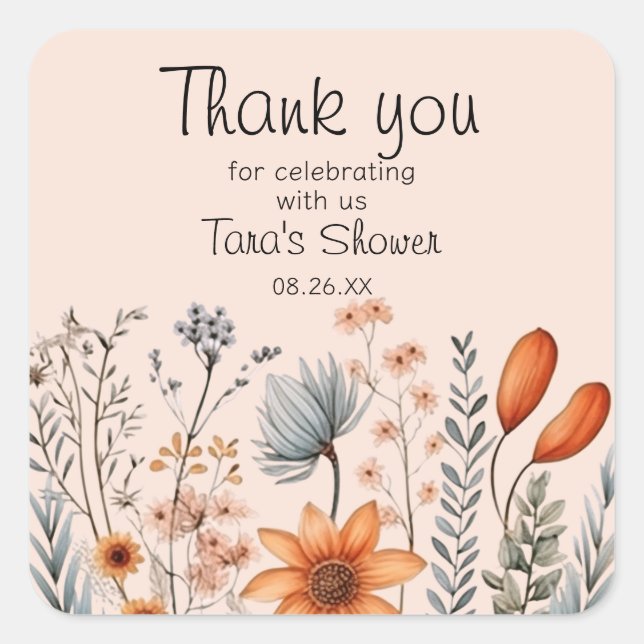 Rustic Boho Wildflower's in oranges and greys Square Sticker (Front)