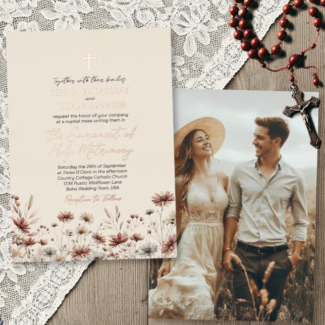 Rustic Boho Wildflowers Modern Catholic Wedding (Front/Back
Real Pressed Foil Accents!)