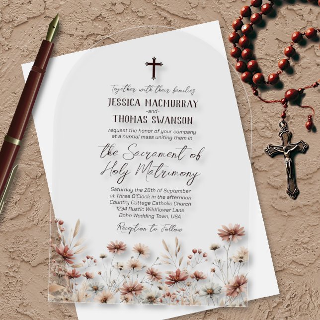 Rustic Boho Wildflowers Modern Catholic Wedding Acrylic Invitations (Clear Acrylic with Arch Cut)