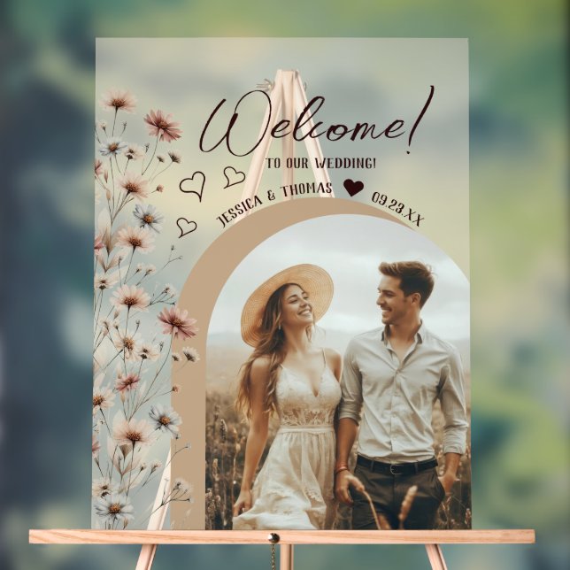 Rustic Boho Wildflowers Photo Arch Wedding Welcome Acrylic Sign (Neutral)