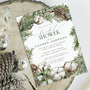 Rustic Boho Winter Greenery Pinecone Bridal Shower Invitation