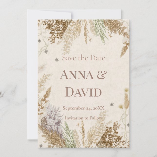 Rustic Boho Winter Save the Date with Pampas Grass Invitation (Front)