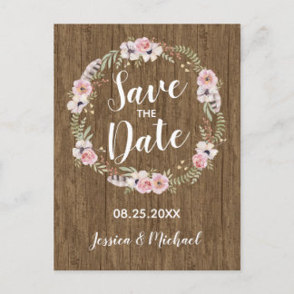 Rustic Boho Wood Floral Save the Date Postcard
