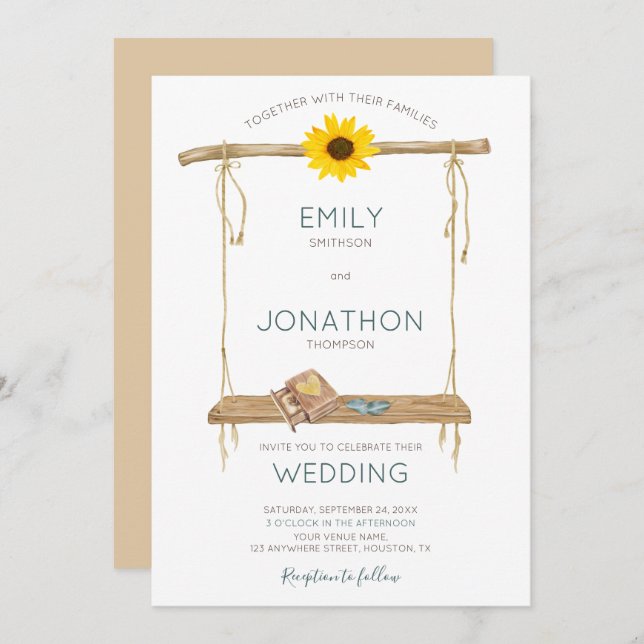 Rustic Boho Wooden Swing Sunflower Rings Wedding Invitation (Front/Back)
