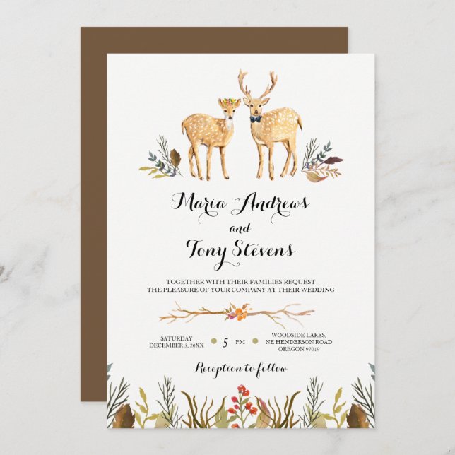 Rustic Boho Woodland Deer Watercolor Wedding Invitation (Front/Back)